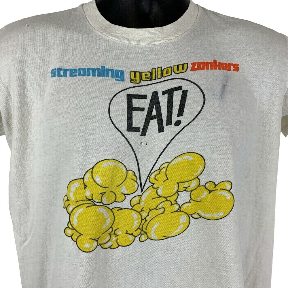 Vintage 70s Distressed Screaming Yellow Zonkers T Shirt White Snack Tee M Medium